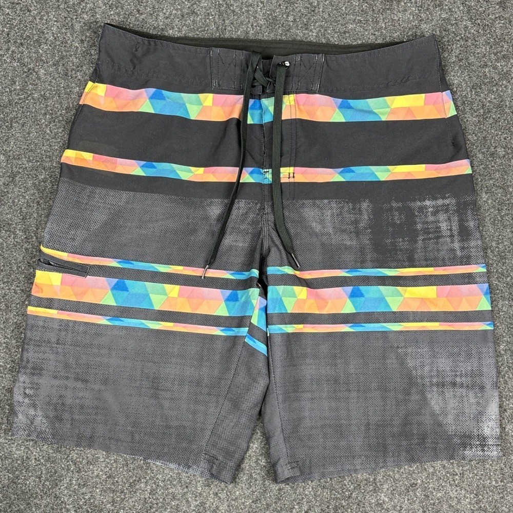 Hang Ten Mens Board Shorts Size 34 Black Rainbow Geometric Prism Swim Trunks